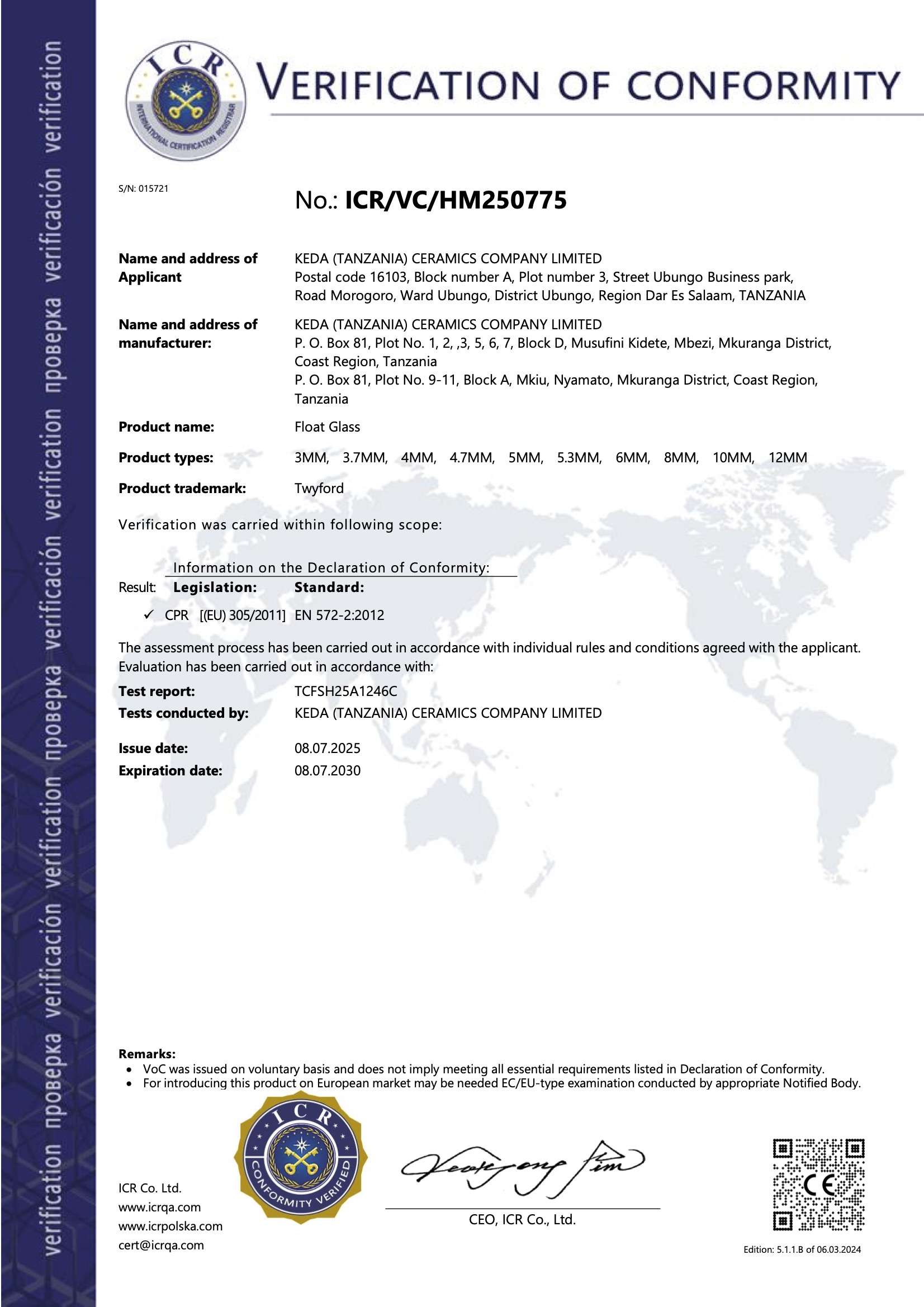 VERIFICATION OF CONFORMITY